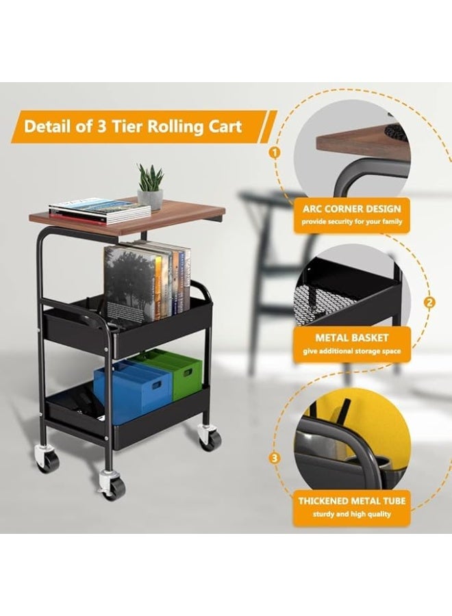 Rolling Cart with Wooden Tabletop, 3 Tier Metal Utility Cart, Rolling Storage Organizer Cart with Lockable Wheels for Kitchen, Office, Bedroom - Black - Image 4